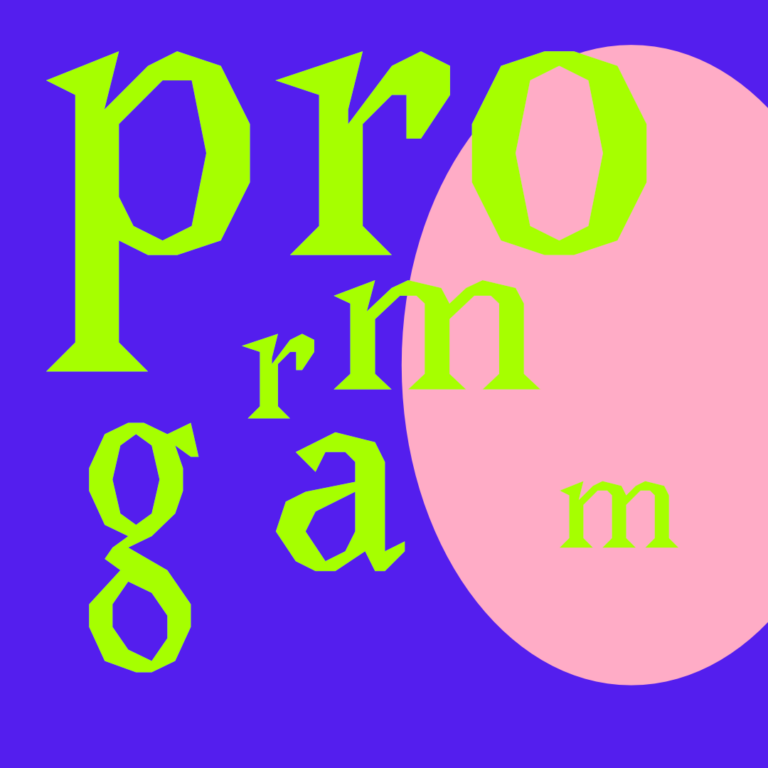 Der Hintergrund ist eine dunkelblaue Fläche, in die von rechts ein großes hellrosa Oval reinragt. Auf diesem Hintergrund sind neongrüne Buchstaben in unterschiedlichen Größen flächendeckend verteilt. Auch wenn sie keine ganz grade linie verfolgen, ergeben sie das Wort Programm.